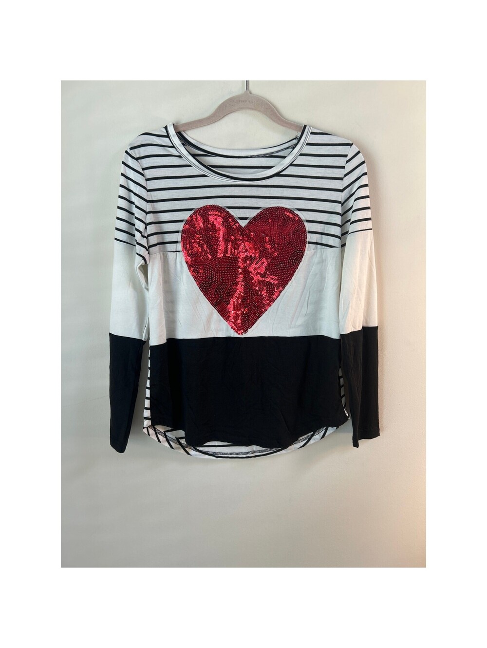 Women's S Red Sequin Heart Striped Colorblock Long Sleeve Top Y2K Romantic